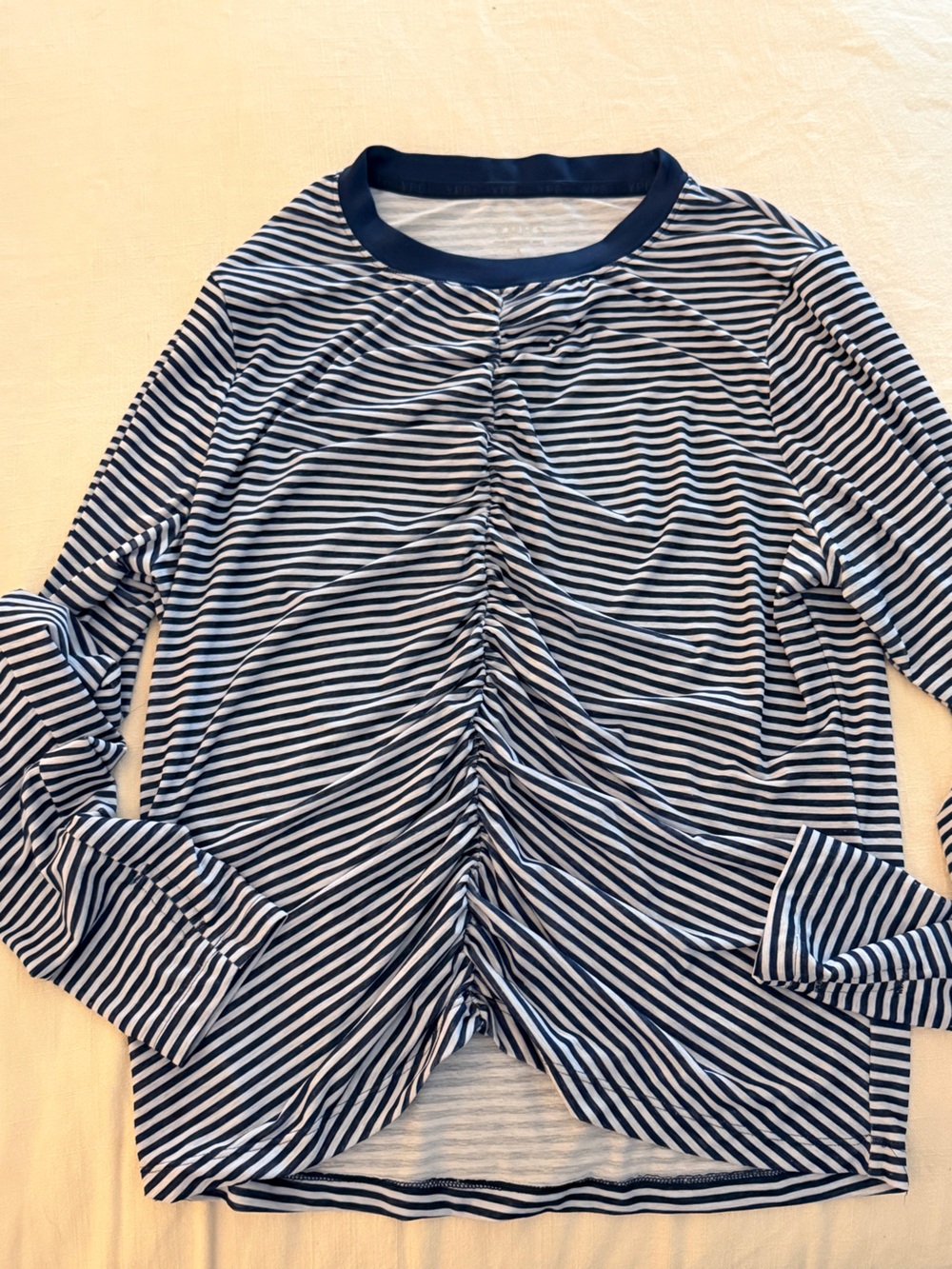 Abercrombie & Fitch Navy and White Ruched Center-Striped Long Sleeve Tee